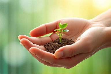 Symbolic growth of a seedling with a nurturing hand.