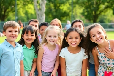 Happy children of different ages in a bright, open park.