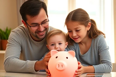 Parent and child saving money for future.