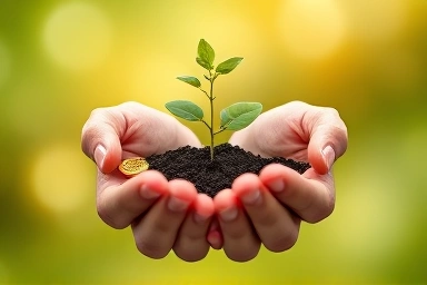 Child's hands nurturing a money tree seedling.