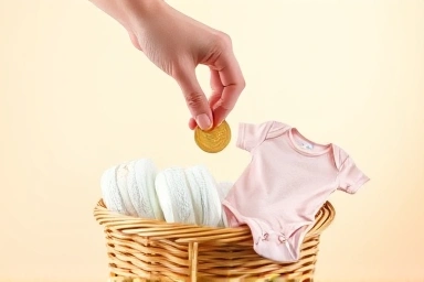 Symbolic image of financial support for new parents and baby items.