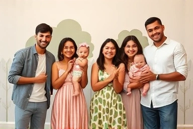 Happy families benefiting from community childbirth support.