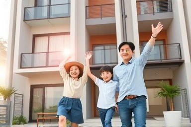 Family celebrating new home with two children