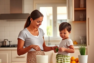 Single mother and child in a bright, happy kitchen.