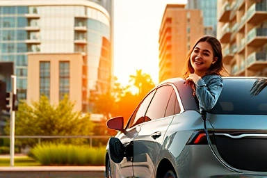 미래 도시 풍경 속 전기차와 밝은 표정의 젊은이