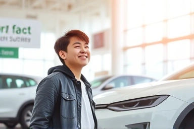 새 전기차 앞에서 기대에 찬 젊은 한국인