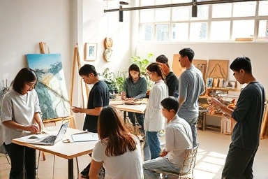 청년 예술가들이 창작 활동에 몰두하는 모습