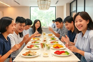 직장인들이 저렴하고 맛있는 점심을 함께 즐기는 모습