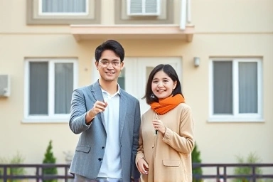 Happy young couple receiving keys to a new home