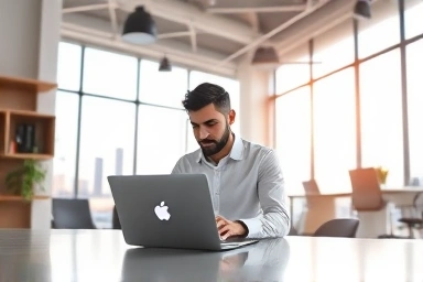 Entrepreneur working in modern, bright office, symbolizing business growth.