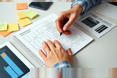 Hands sketching business plan with sticky notes and tablet, focusing on strategy.