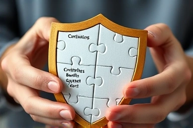 Hands building a protective shield with puzzle pieces representing insurance benefits.