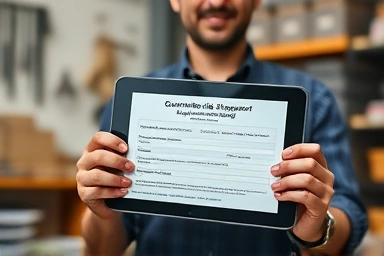 Small business owner applying for government support online.