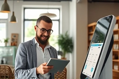 Small business owner using smart technology for efficiency.