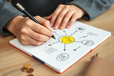Hands sketching a business plan with startup funding symbols.