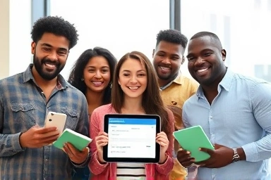 Small business owners celebrating success with digital application confirmations.