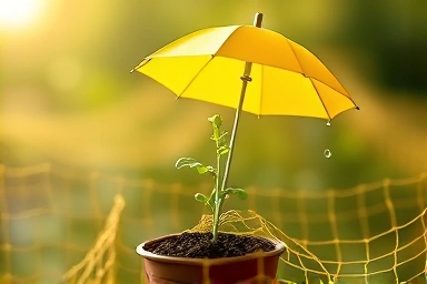 Business safety net protecting seedling from financial risks, symbolizing Yellow Umbrella fund.