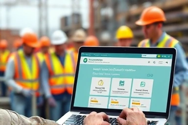 건설 현장에서 고용산재보험 토탈서비스로 근로내역을 신고하는 모습