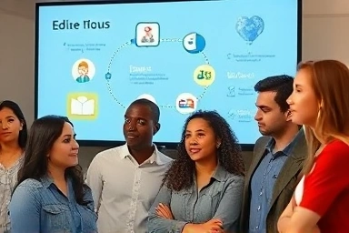 People planning future education on a digital screen