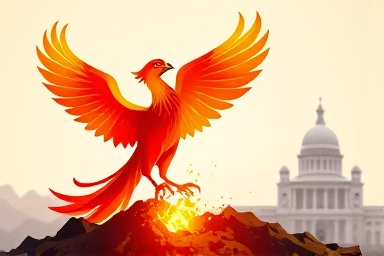 Phoenix rising from ashes symbolizing business rebirth and support.