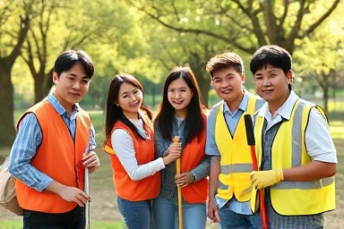 다양한 연령대의 한국인들이 희망찬 표정으로 공공근로 사업에 참여하는 모습