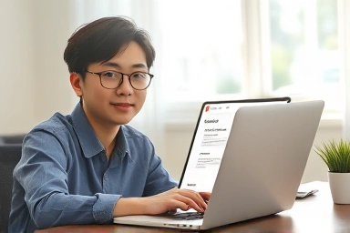 청년이 노트북으로 자격증 응시료 지원 신청하는 모습