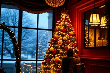 Cozy Christmas cafe interior with festive decorations and romantic ambiance.