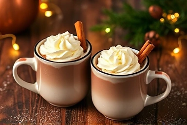 Steaming hot chocolate mugs on a festive Christmas-decorated table.
