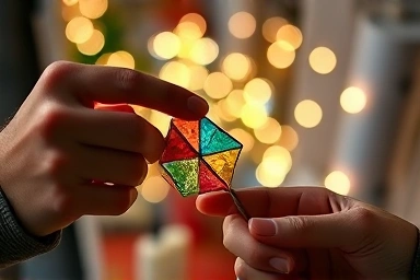 Couple's hands crafting a stained-glass suncatcher at Christmas.