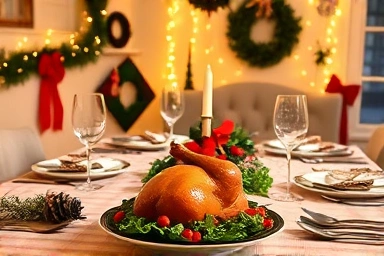 Festive Christmas home party table setting with delicious food and cozy decor.