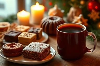Homemade Christmas desserts and warm mulled wine, perfect for a cozy party.