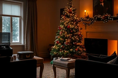 Cozy Christmas living room with jazz music playing.