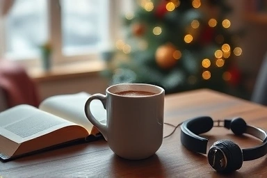 Relaxing Christmas scene with hot chocolate and headphones.