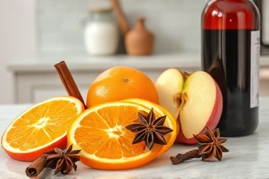 Fresh ingredients for making mulled wine on a counter