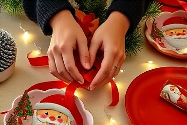 Creative arrangement of affordable Christmas party supplies.