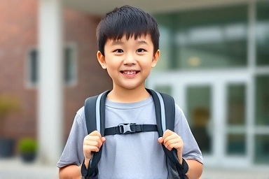 초등학생이 밝고 가벼운 책가방을 메고 학교에 가는 모습