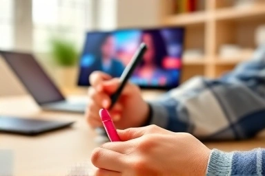 대학생의 갤럭시 탭 S9 FE 필기 및 S9 영상 시청 모습