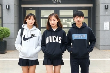 중학생들이 교복 위에 나이키, 아디다스, 스투시 후드집업을 입고 스타일리시하게 연출한 모습