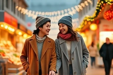 Young couple enjoying a romantic winter date with festive lights.