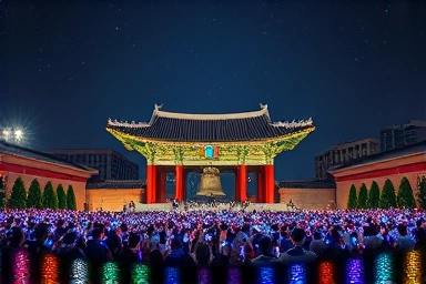 People celebrating at Bosingak Bell Pavilion with glowing wristbands
