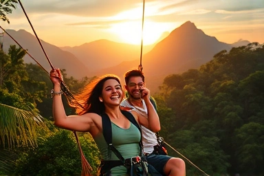 Couple zip-lining with joy and scenic mountain view at sunset.