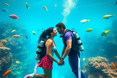 Couple scuba diving in clear water with coral reefs and fish.