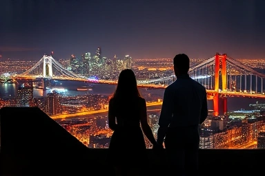 Couple enjoying romantic city night view from observation deck.