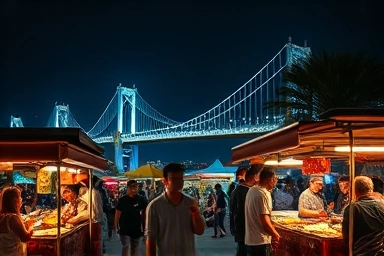 Lively night market with food stalls and illuminated city bridge.