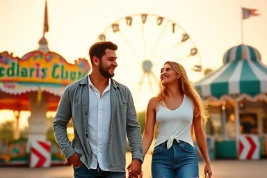 Couple taking selfie at vintage amusement park