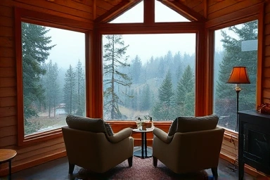 Cozy duplex cabin interior with nature view