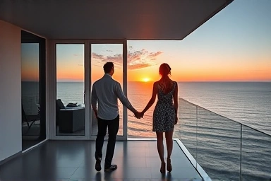Couple enjoying ocean sunset from private balcony