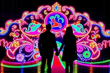 Couple enjoying Everland's romantic light festival.