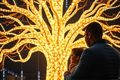 Family amazed by illuminated tree at Everland.