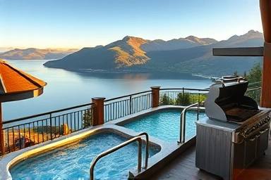 Luxury private spa and barbecue terrace with lake view.